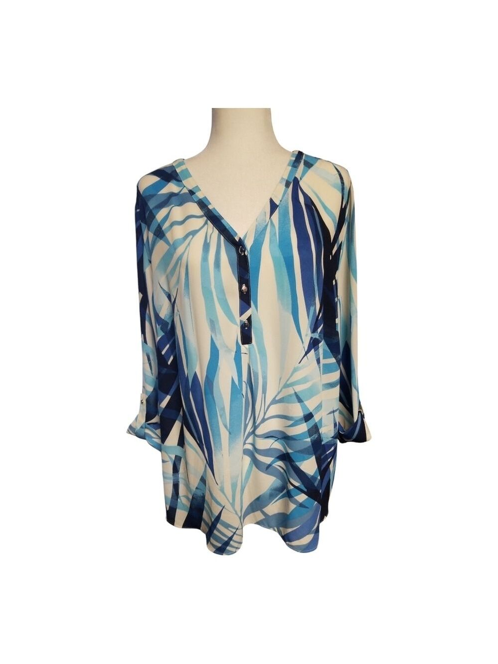 JM Collection Blue and White Asymmetrical V-Neck Blouse